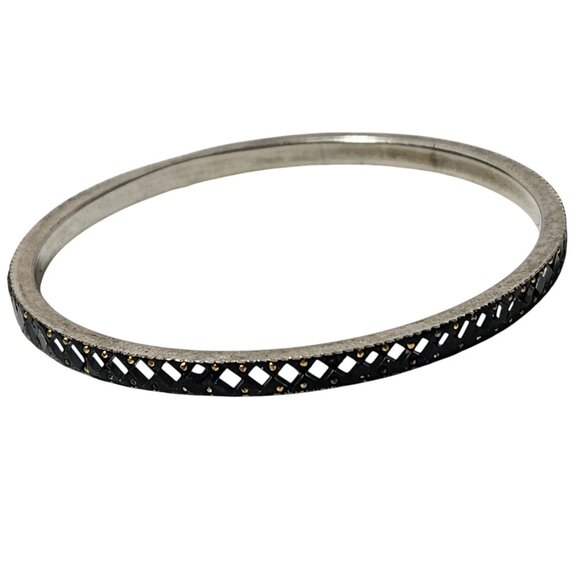 Vintage Elegant Black Enamel Bangle Bracelet Diamond Pattern Gold Accents Women - Picture 1 of 4